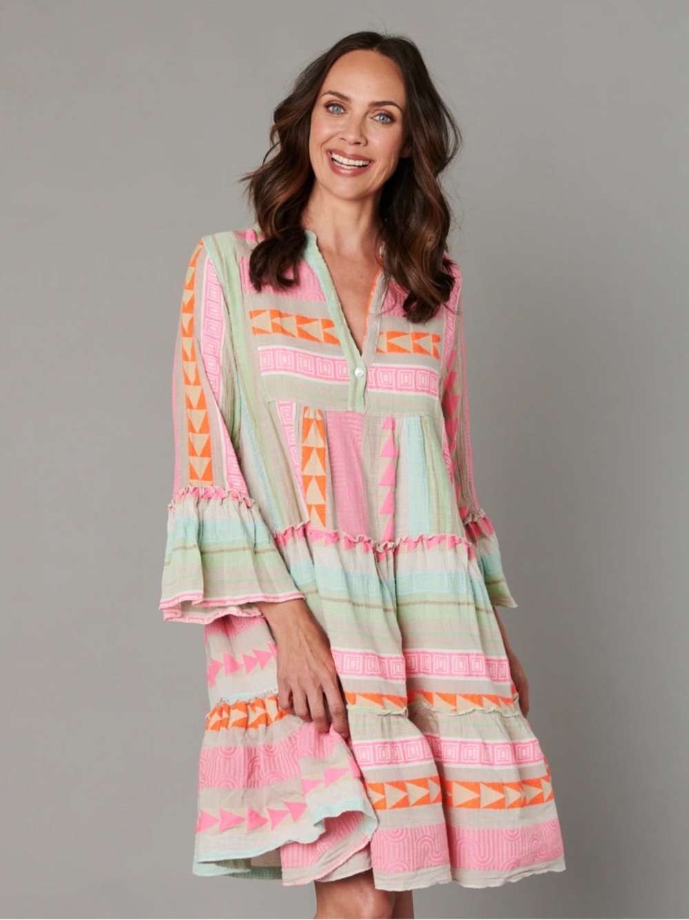 Luisa Perla Neon Aztec Cotton Blend Pink Orange Tan Flowy Ruffled Boho Dress L